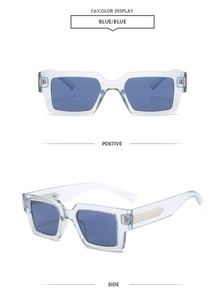 Detail view of blue square sunglasses showing front and side metal arrow hinges