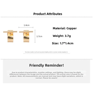 Detail view of geometric C-shaped gold studs showing weight 3.7g and 1.7x1.4cm dimensions