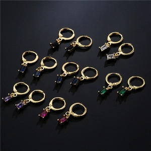 Gold rectangular zircon pendant earrings in six colors on black background