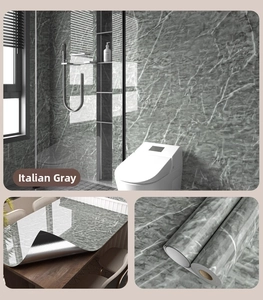 Detail of Italian grey marble self-adhesive wallpaper applied on bathroom wall and table
