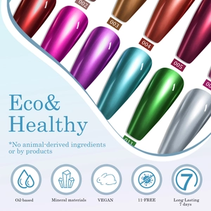 Detailed palette of metallic mirror nail polish colors with vegan and non-toxic labels