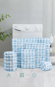 Mesh laundry bags with blue plaid patterns in various sizes for washing machines