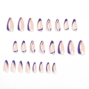 Purple French line art almond press-on nails set in a professional flat lay display