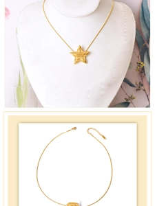Detail view of a gold star necklace with adjustable chain shown on a model and flat lay
