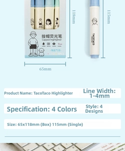 Detail view of 4-color highlighter set with 115mm size dimensions and 1-4mm tip width