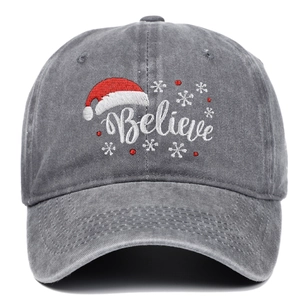 Gray washed denim baseball cap with Believe embroidery and festive Christmas hat pattern