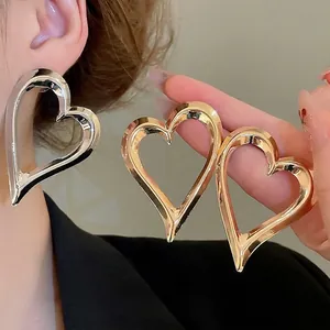 Large Hollow Heart Earrings With 925 Sterling Silver Earring Post Exaggerated Mirror Polish Metal Ear Studs For Women