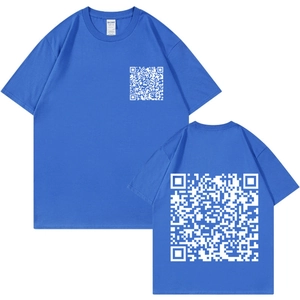 Detailed front and back view of blue Ivan Cornejo T-shirt with white QR code print