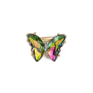 Macro shot of colorful crystal butterfly brooch with multi-faceted wings and gold plating