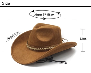 Detailed size guide for brown faux suede cowboy hat with 9cm brim and 58cm head circumference