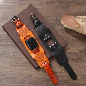 Retro leather iWatch band with Viking compass and dragon totem on wooden background
