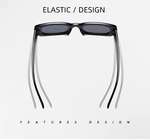 Close-up of black sunglasses featuring flexible elastic temples for comfortable wear
