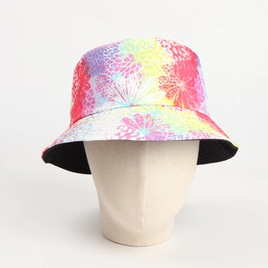 Detail of colorful floral print fisherman hat with black inner brim on a mannequin head