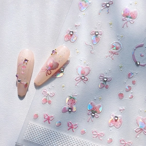 3D Relief Nail Stickers Strawberry Bow Heart Rhinestone Adhesive Holographic Nail Art Decals Sweet Girly DIY