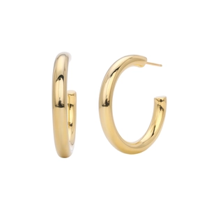 Detailed view of gold C-shaped hoop earrings with polished finish on white background