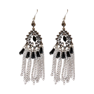 Bohemian silver drop earrings with black stones and metallic chain tassel fringe