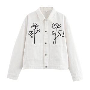 Women Floral Embroidered Long Sleeve Lapel Jacket White Polyester Button Down Short Outerwear Fashion Casual Streetwear Elegant