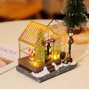 Lighted musical Christmas greenhouse resin ornament with LED tree and Santa figurine