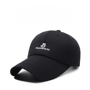 Close-up of white letter embroidery on a black cotton twill baseball cap