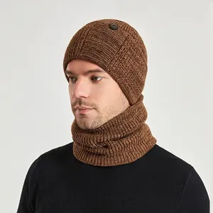 Winter men's knitted hat and neck gaiter set in dark brown with ribbed texture and buttons
