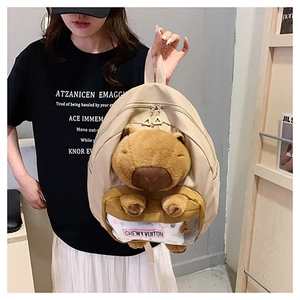 Detail of cute beige capybara backpack with 3D plush animal and clear PVC front pocket