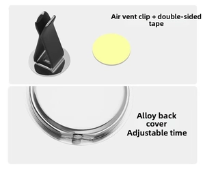 Car clock detail showing vent clip, adhesive pad, and alloy back with time adjustment