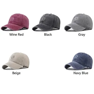 Distressed cotton baseball caps with sun embroidery in five assorted vintage colors