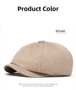 Detail of khaki breathable mesh flat cap showing texture and hollow out fabric design