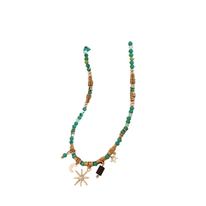Bohemian turquoise bead necklace with gold celestial sun, moon, and star pendants