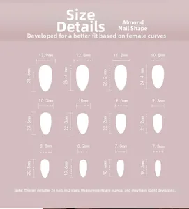 Detaillierte Größentabelle für 24 rosa Mandel-Nagelspitzen mit 12 verschiedenen Größen