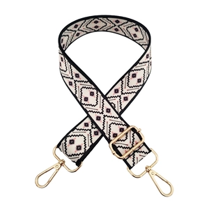 Adjustable bohemian wide shoulder strap with ethnic geometric pattern and gold buckles