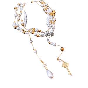 French retro layered pearl sweater necklace with golden key and teardrop pearl pendant