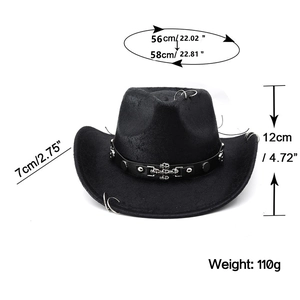 Detailed size chart of black western cowboy hat with silver skull buckle ornaments