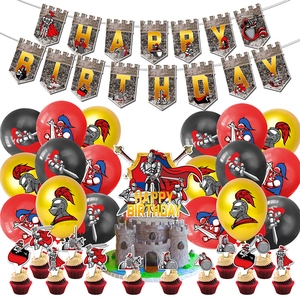 Detailed set of Medieval Knight birthday party banners, balloons, and cake toppers