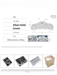 Detailed size specifications of the rhinestone bridal crown showing dimensions and weight