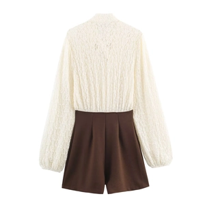 Women long sleeve romper with white lace top, brown shorts and back bow detail