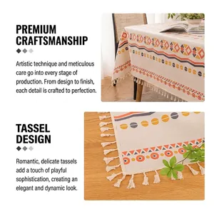 Bohemian geometric linen tablecloth with colorful tassels for rectangle dining table