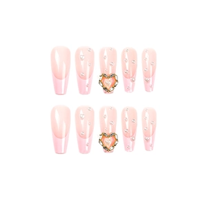 Pink French ombre press-on nails with heart rhinestones and 3D pearls in coffin shape
