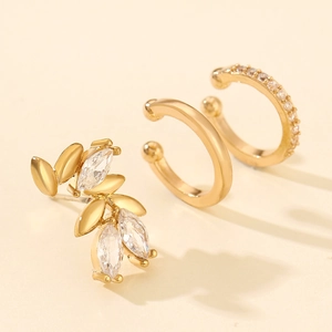 Detailed set of gold leaf stud and two C-shaped ear cuffs with sparkling zircon stones