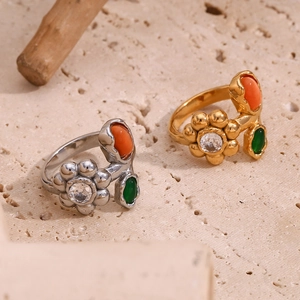 18K gold plated flower open ring with white zircon and colorful gemstones for women