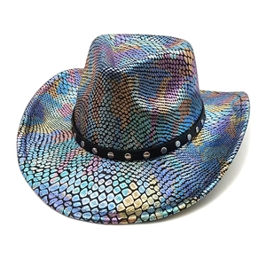 Iridescent snakeskin western cowboy hat with black studded band on a white background