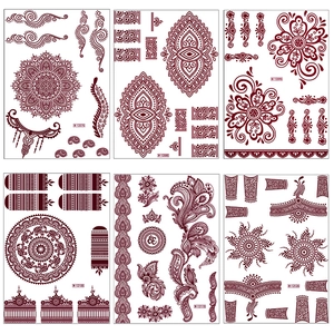 Brown henna lace tattoo stickers with floral mandala designs in a six-piece set