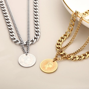 Retro double-layer chunky chain necklace with gold and silver coin pendants for women