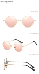 Multiple views of vintage round gold sunglasses with pink mirrored lenses and black temple tips