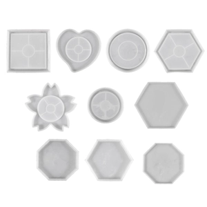 10-piece geometric silicone mold set for resin coasters featuring hex and round shapes