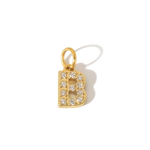Close-up of a gold-plated letter B pendant featuring sparkling cubic zirconia stones