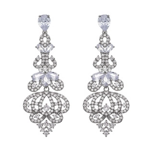Detailed close-up of bridal chandelier earrings with pear-cut cubic zirconia and silver base