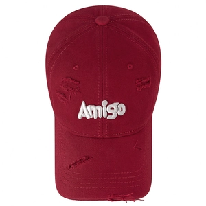 Vintage burgundy washed cotton baseball cap with Amigo embroidery and distressed holes