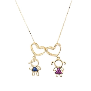 Gold box chain necklace with heart pendant featuring zircon boy and girl charms