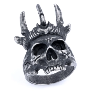 Retro punk skull ring in antique silver finish with gothic crown spikes on white background